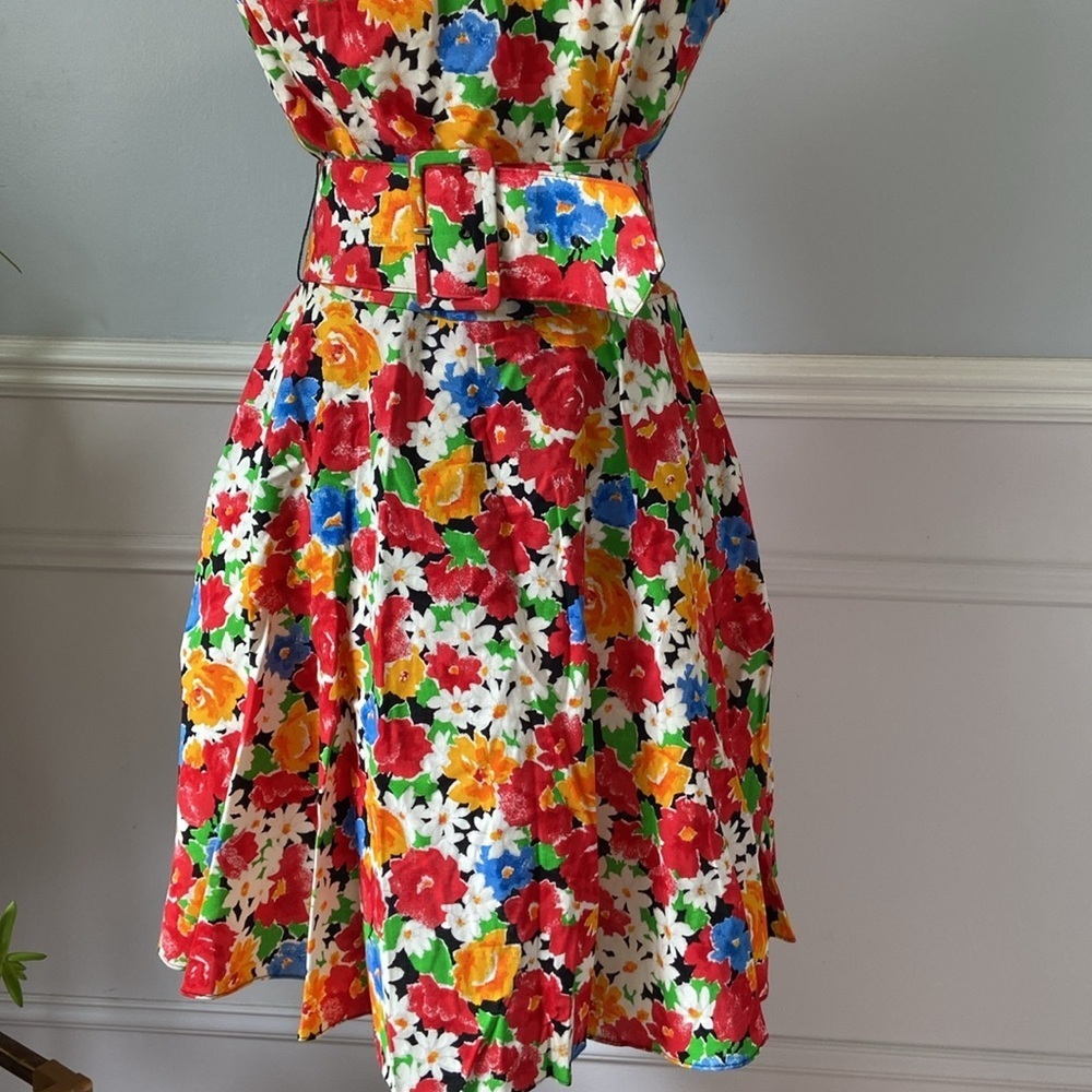 Vintage Paris Sport Club Skater Dress Mini Floral Belted Size 10 A-Line Black - Picture 5 of 15